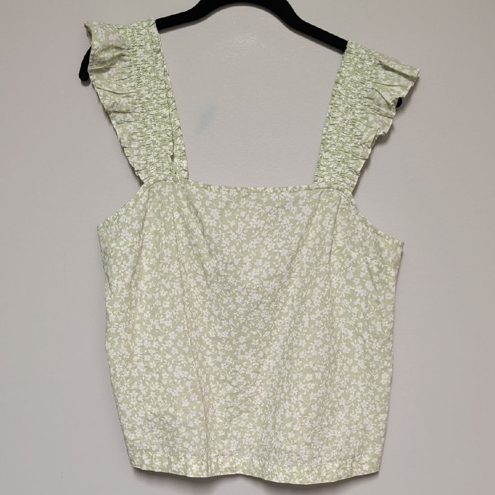 J. Crew Light Green Floral Tank Top with Ruffle Straps